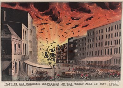 ニューヨークの大火での大爆発の眺め。 ブロード ストリートから - 1845 年 7 月 19 日 作： Nathaniel Currier