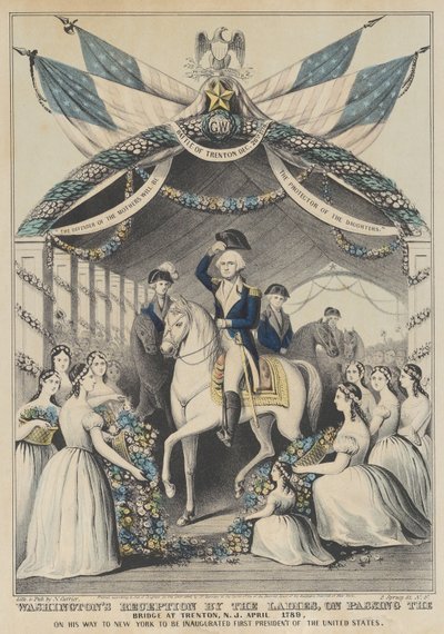 1789 年 4 月、ニュージャージー州トレントンの橋を渡った婦人たちによるワシントンのレセプション、1845 年。 作： Nathaniel Currier
