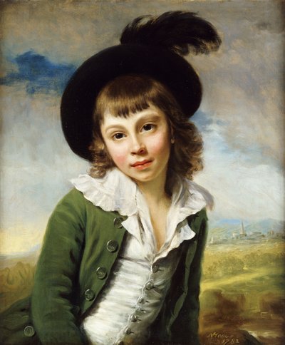 「緑の少年」：羽毛の羽毛が付いた緑のコートと黒い帽子の少年の半身像1782 作： Nathaniel Hone