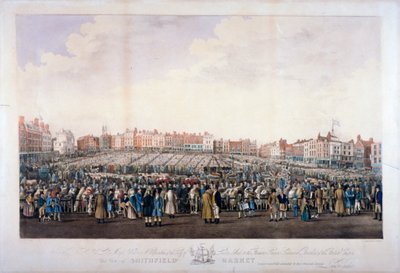 スミスフィールド マーケット、ウェスト スミスフィールド、シティ オブ ロンドン、c1825。 作： Nathaniel Whittock
