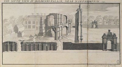 1729年に見られるホールデンビーハウスと遺跡の南側の景色 作： Nathaniel and Samuel Buck