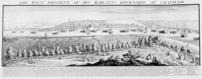 チャタムでの陛下のドックヤードの西の展望、1738 作： Nathaniel and Samuel Buck