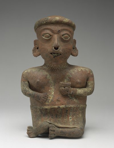 女性像、着席カップルの一部、紀元前300年-西暦300年（スリップ付き陶器） 作： Nayarit Nayarit
