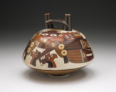 トロフィーの頭を持った仮面の戦士を描いた船、紀元前180年-西暦500年 作： Nazca Culture