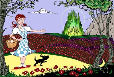 「オズの魔法使い」: ドロシーとトトがエメラルドの都に向かう途中の黄色いレンガの道を行く 作： Neale Osborne