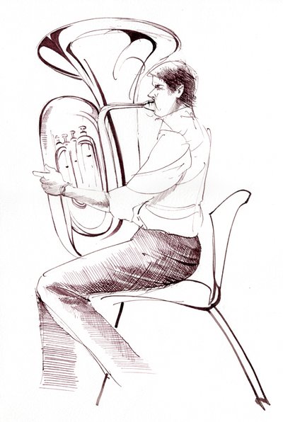 チューバ奏者 - 演奏するミュージシャンのインク描画 作： Neale Osborne