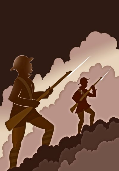 銃剣を持つ第一次世界大戦の兵士 - 塹壕から出てくる 作： Neale Osborne