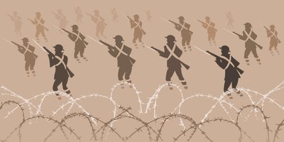 銃剣を持つ第一次世界大戦の兵士 - 塹壕から出てくる 作： Neale Osborne