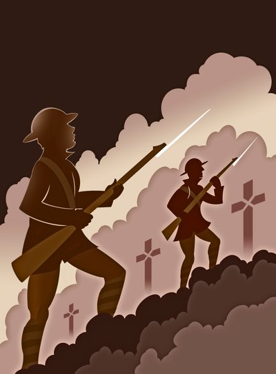 銃剣を持つ第一次世界大戦の兵士 - 塹壕から出てくる 作： Neale Osborne