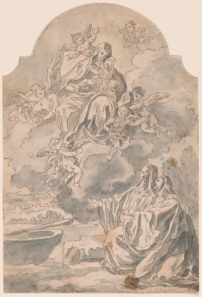 二人の女性僧侶に現れる聖母子 作： Neapolitan 17th Century