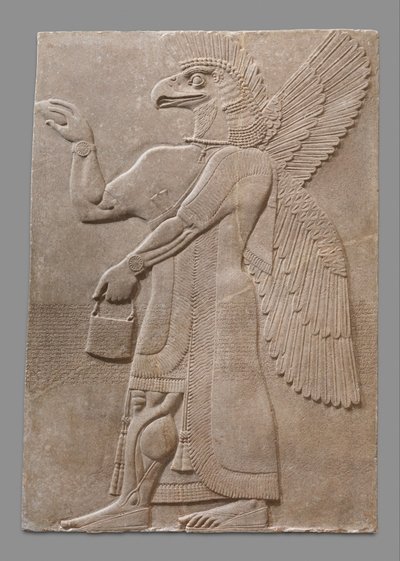 翼のある鷲の頭の超自然的な人物のレリーフパネル、紀元前883-59年頃（石膏アラバスター） 作： Neo Assyrian