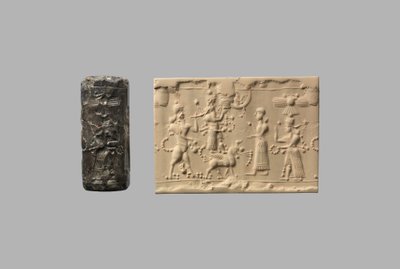 サソリ男と現代人の印象が描かれた円筒印章 前8～7世紀頃 (石英、隠微晶) 作： Neo Assyrian
