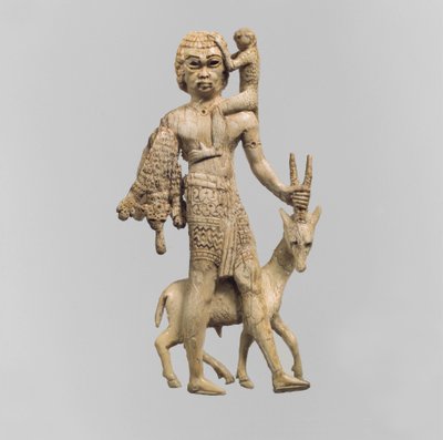 オリックス、サル、ヒョウの皮を持つ男の小像、紀元前8世紀 作： Neo Assyrian Neo Assyrian