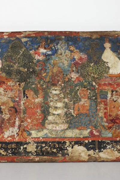 仏教の写本の表紙からの詳細（木の上の不透明な水彩画） 作： Nepalese School
