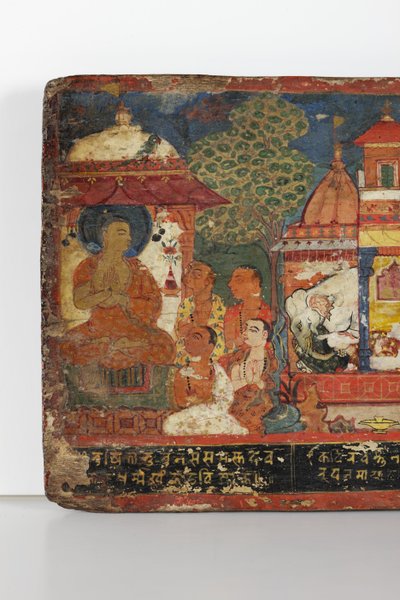 仏教の写本の表紙の詳細（木に不透明なトイレ） 作： Nepalese School