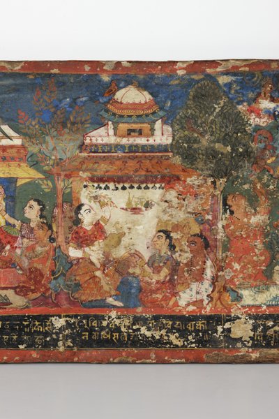 仏教の写本の表紙の詳細（木に不透明なトイレ） 作： Nepalese School