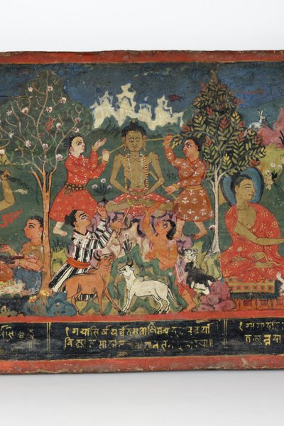 仏教の写本の表紙の詳細（木に不透明なトイレ） 作： Nepalese School