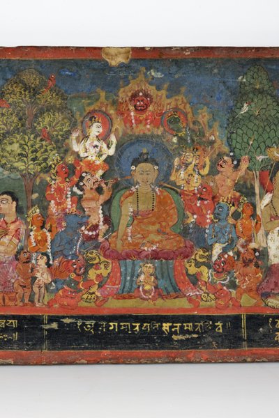 仏教の写本の表紙の詳細（木に不透明なトイレ） 作： Nepalese School