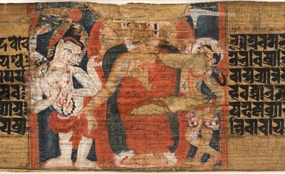 Folio 126b Buddhas Descent of the Heaven、from the Astasahasrika Prajnaparamita（インクとヤシの葉と木の色）（430762の詳細） 作： Nepalese School