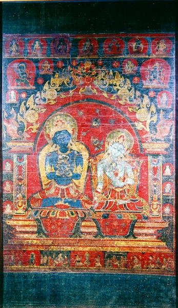 Adibuddha Vajradhara（絹のガッシュ）を描いたタンカの絵 作： Nepalese School