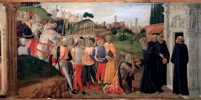 ヌルシアのベネディクトを訪ねるオストロゴスの王トティラ - プレデルのディテール、1470年頃 作： Neroccio di  Landi