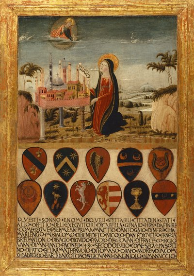 シエナの町をイエスに託す聖母マリア 作： Neroccio di (1447 1500) Landi