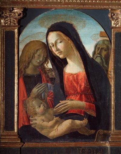 子供を連れた聖母と聖人の洗礼者ヨハネと使徒アンデレ - 絵画 作： Neroccio di  Landi