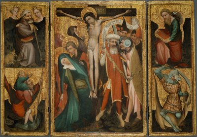 聖アンソニー、クリストファー、ヤコブ、ジョージと磔刑の三幅対 作： Netherlandish