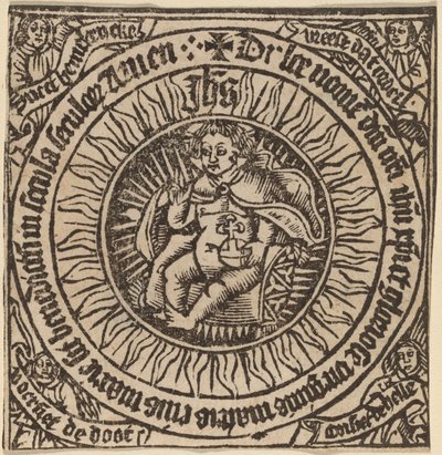 4 人の天使と円の中に球体を持つ神聖な幼児 作： Netherlandish 15th Century