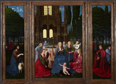 庭に聖人と天使を持つ聖母子c。 1500 作： Netherlandish Master