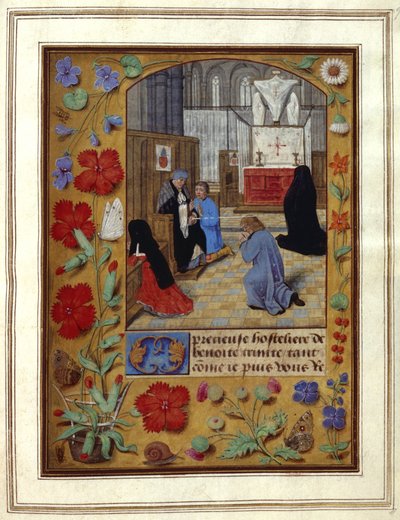追加。 25698、f.9 教会での断食と祈り、「Book of Hours」のイラスト、1492 年頃（ベラムにインクとカラー） 作： Netherlandish School