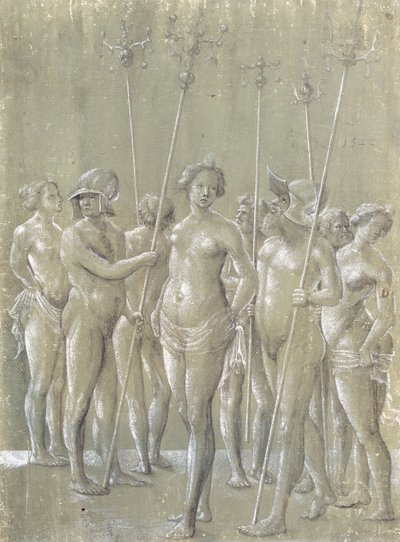 5人の裸の兵士、ポーランド人、2人のヘルメットを着用、3人のヌードの女性、1522 作： Netherlandish School