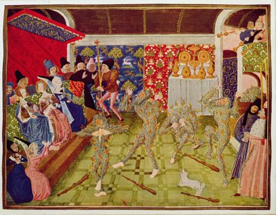 Harl 4380 fol.1 The Bal des Ardents、1393 年 1 月 28 日、「フロワサールのクロニクル」より 作： Netherlandish School