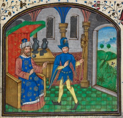 ハーレー 3000、f.189 マイルドメイ マスターによる時間の本からの彼のマスターとの愚か者、c.1460-70 (ベラム) 作： Netherlandish School