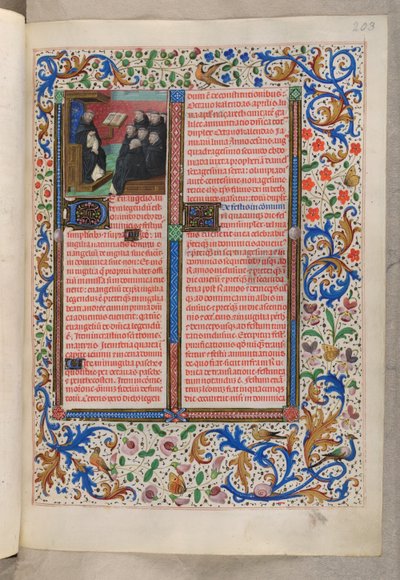 MS 18851、f.203r 仲間の兄弟たちへのドミニコ会の朗読 (饗宴のルーブリック)、聖務日課、ドミニコ会の使用 (「カスティーリャのイザベラ女王の聖務日課」) 作： Netherlandish School