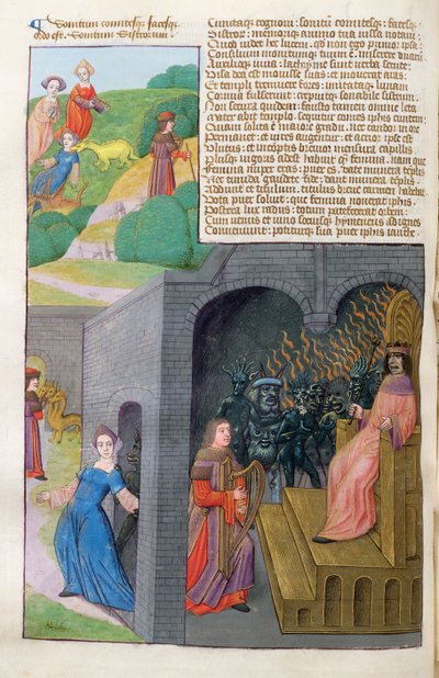 Ms 324 f.101 v。Orpheus and Eurydice、Cerberus and Pluto、from Metamorphoses 10 by Ovid、1479 作： Netherlandish School
