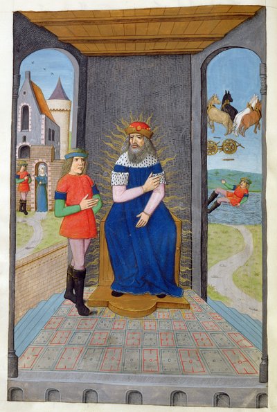 Ms 324 f.25 v。フェートンは父親から戦車を借りて殺されました、OvidによるMetamorphoses 2から1479 作： Netherlandish School