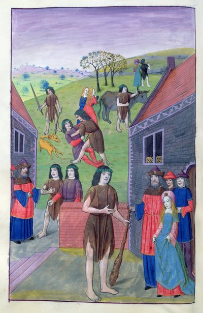 Ms 324 f.91 v。HerculesがAchelousと戦い、角で雄牛を奪う、1479 作： Netherlandish School
