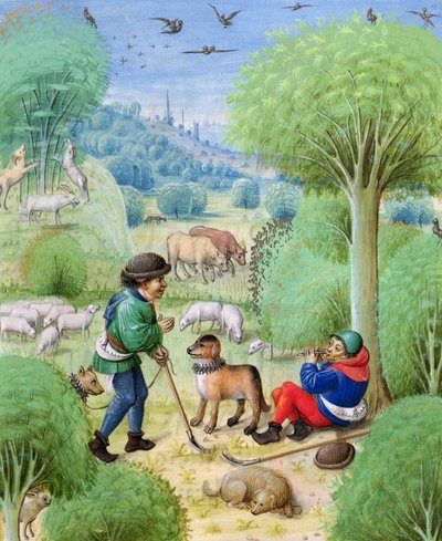 Ms 324 f.9 r。ヴァージル作「エクローグ」の牧歌的なシーン、1472-73年 作： Netherlandish School
