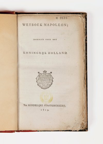 タイトルページで開いたオランダ王国のナポレオンコード、Koninklijke Staatsdrukkerij、1809年発行（印刷物） 作： Netherlandish School