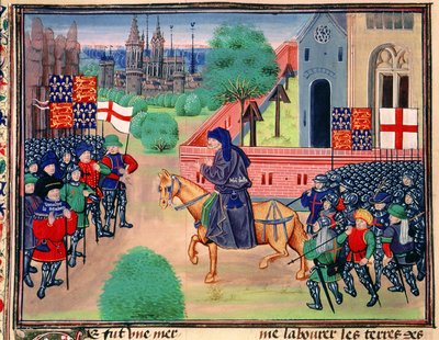 Roy 18 E I f.165vイングランドとセントジョージの旗を示す農民の反乱、ジョン・ボールが反乱軍を率いる様子、「Chroniques de France et d