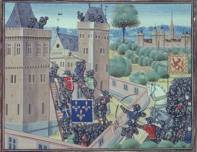 Royal 18 E.1 fol.345 フランスとスコットランドによるヴァルク城の占領、Jean Froissart (c.1333-1404) 著「Chroniques de France et d