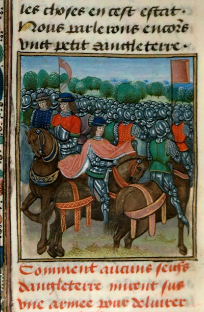 ロイヤル 18 E.II fol.411v ヘンリー 4 世 (1367-1413) に対する反乱、ジャン フロワサール (c.1333-1404) 作「Chroniques de France et d