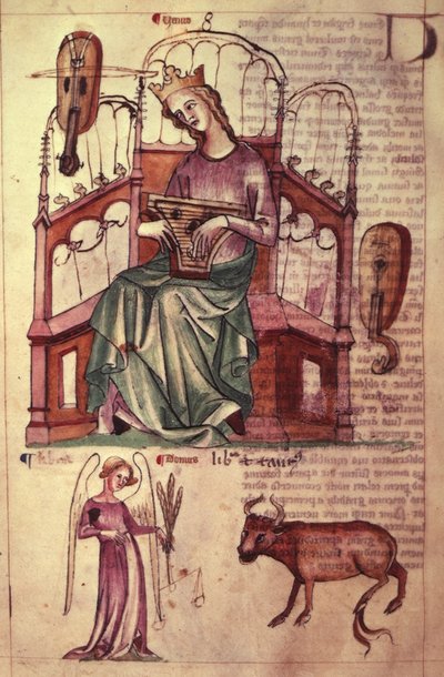 Sloane 3983 fol.42v 「The Book of Astrology」より、プサルテリーを演奏するヴィーナス (ベラム) 作： Netherlandish School