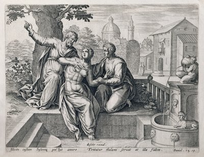 スザンナと長老、聖書、パブからのシーンを示すシリーズから。 Claes Jansz Visscher（c.1550-c.1612）c.1590による 作： Netherlandish School