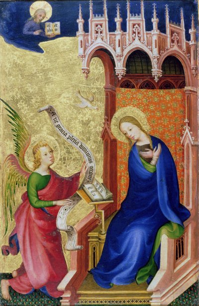 受胎告知、折りたたみ式の祭壇画、c.1400（パネル上のテンペラと金箔） 作： Netherlandish School