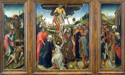 （L）アダムとイブの喪のアベルと（R）ジェイコブに見せられたジョセフスのコート、三連祭壇画、1470年頃（パネル） 作： Netherlandish School