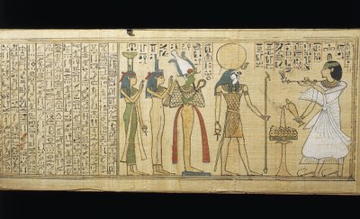 コンスメスのパピルス、死者の書、オシリス、イシス、ネフティスに供物を捧げる故人、第三中間期 作： New Kingdom Egyptian
