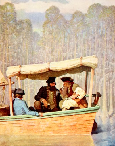 カッターで会議をするキャプテン・フラッド（カラーリトグラフ 作： Newell Convers (after) Wyeth