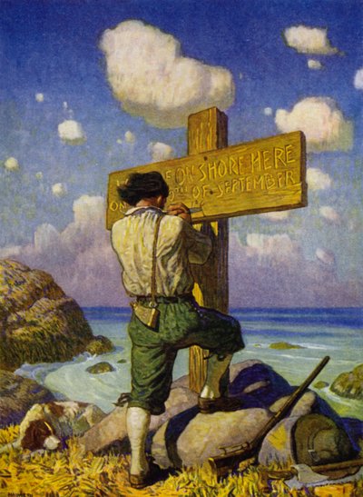 ロビンソン・クルーソー」のイラスト（カラーリトグラフ 作： Newell Convers (after) Wyeth